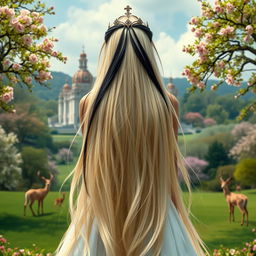 A breathtaking central composition featuring a fantastic princess with long, flowing blonde hair highlighted by striking black streaks, seen from the back