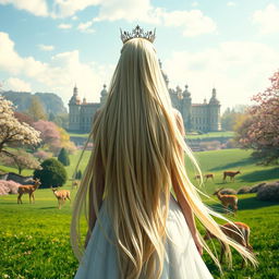 A breathtaking central composition featuring a fantastic princess with long, flowing blonde hair highlighted by striking black streaks, seen from the back