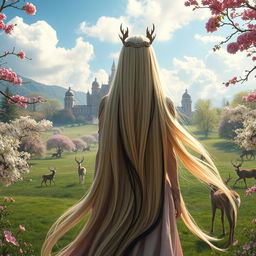 A breathtaking central composition featuring a fantastic princess with long, flowing blonde hair highlighted by striking black streaks, seen from the back