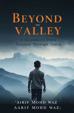 A book cover design featuring breathtaking mountains of Kashmir in the background, creating a stunning yet slightly dark atmosphere