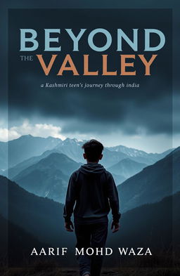 A book cover design featuring breathtaking mountains of Kashmir in the background, creating a stunning yet slightly dark atmosphere