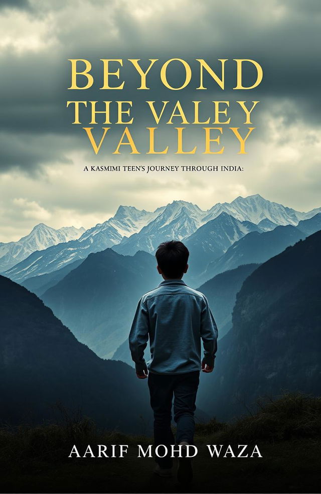 A book cover design featuring breathtaking mountains of Kashmir in the background, creating a stunning yet slightly dark atmosphere