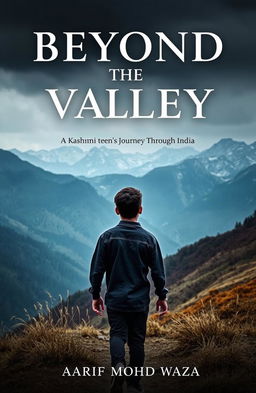 A book cover design featuring breathtaking mountains of Kashmir in the background, creating a stunning yet slightly dark atmosphere