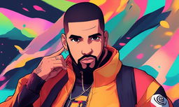 Digital art portrait of rapper Drake in Naruto-style attire performing hand seals against a vibrant background.