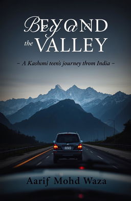 A book cover design featuring a dramatic, slightly dark background of the majestic mountains of Kashmir, towering in the backdrop