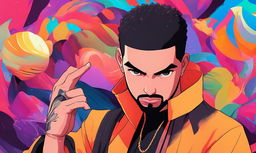 Digital art portrait of rapper Drake in Naruto-style attire performing hand seals against a vibrant background.