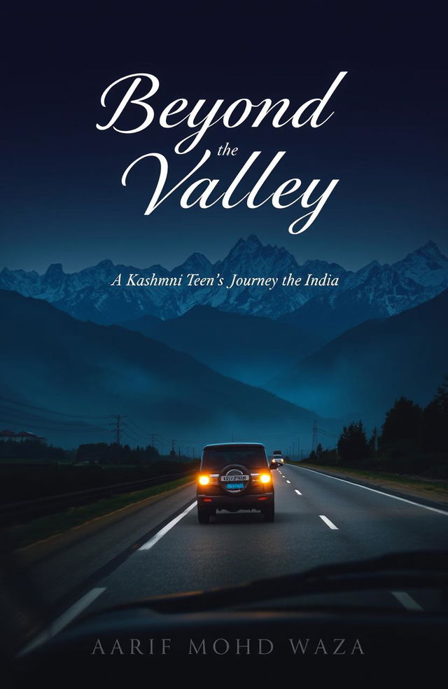 A book cover design featuring a dramatic, slightly dark background of the majestic mountains of Kashmir, towering in the backdrop