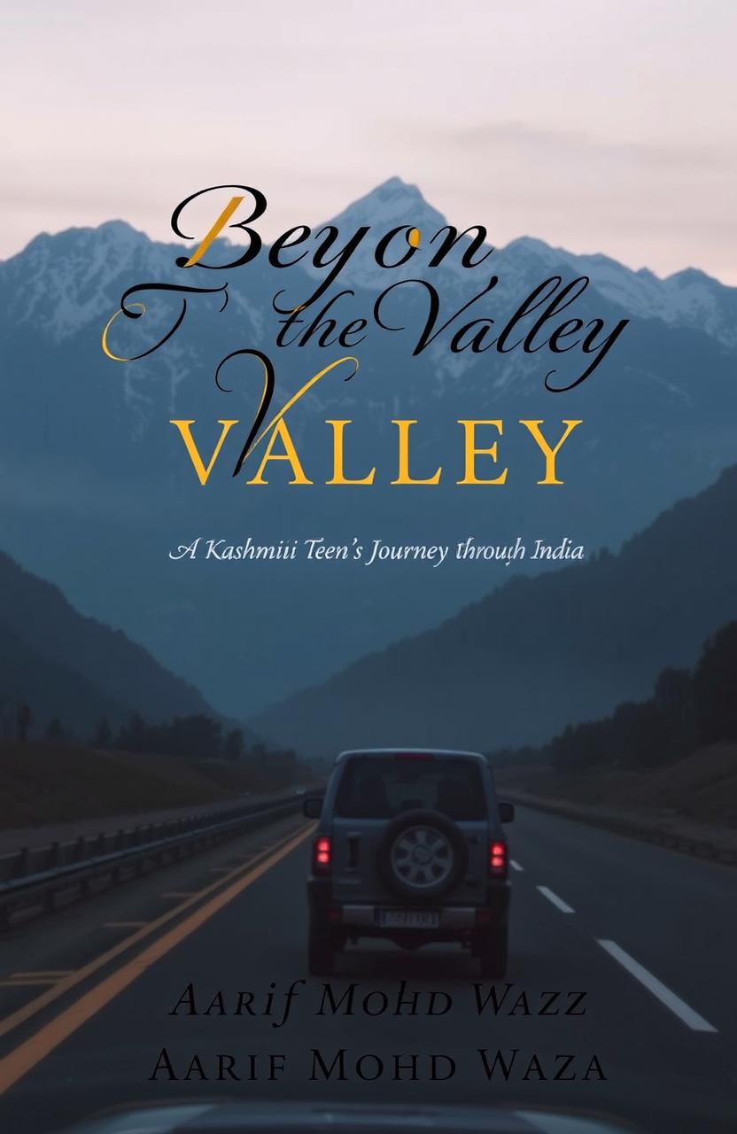 A book cover design featuring a dramatic, slightly dark background of the majestic mountains of Kashmir, towering in the backdrop