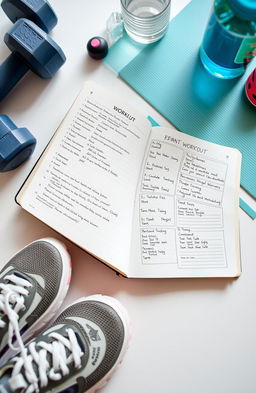 A motivational workout journal spread featuring an open journal with clean, organized writing and workout logs