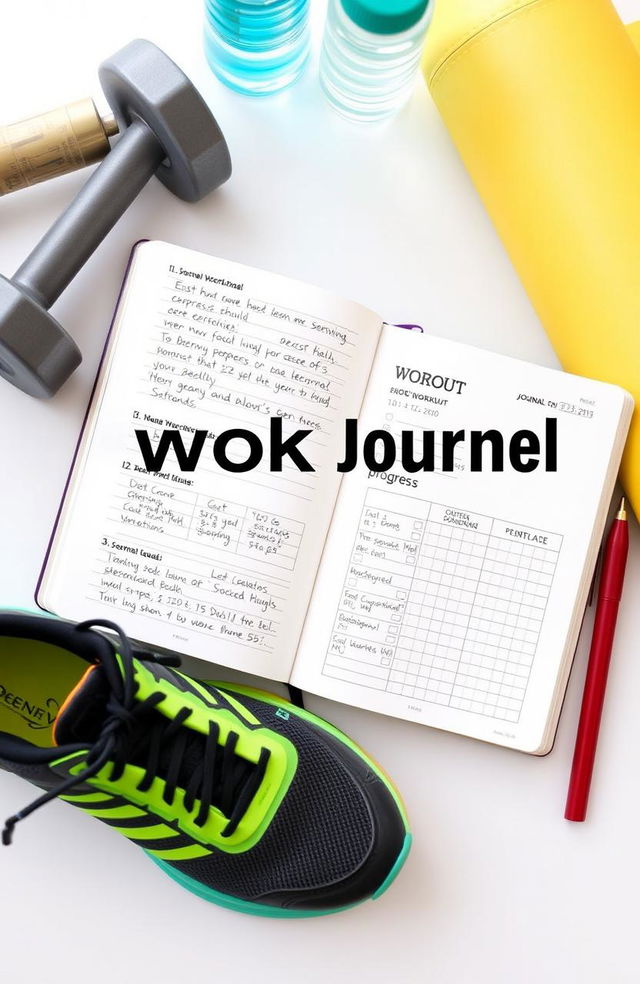 A motivational workout journal spread featuring an open journal with clean, organized writing and workout logs