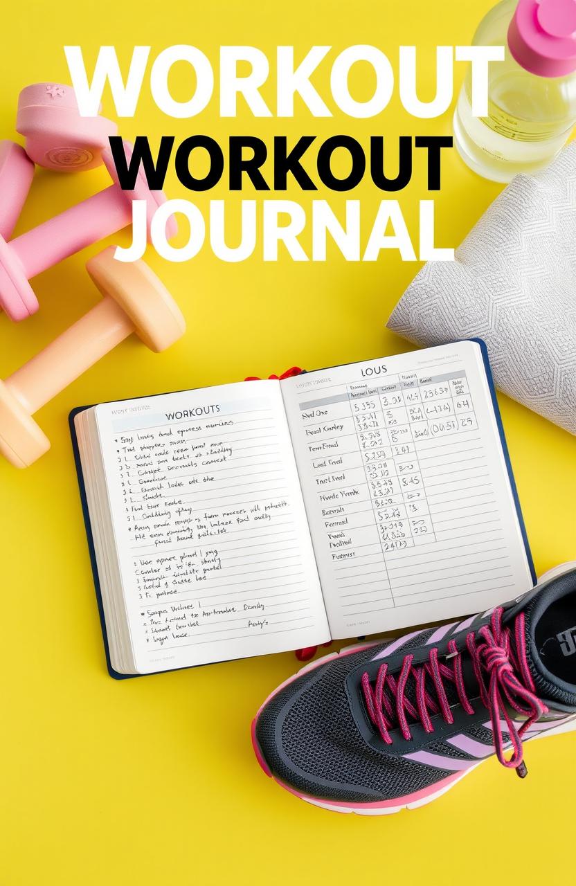 A motivational workout journal spread featuring an open journal with clean, organized writing and workout logs