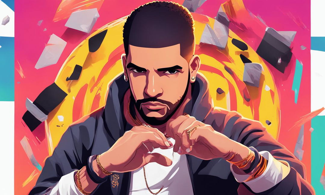 Digital art portrait of rapper Drake in Naruto-style attire performing hand seals against a vibrant background.