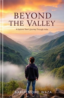 A stunning book cover for 'Beyond the Valley', featuring breathtaking panoramic views of the lush landscapes of Kashmir transitioning into the diverse and vibrant scenes of India