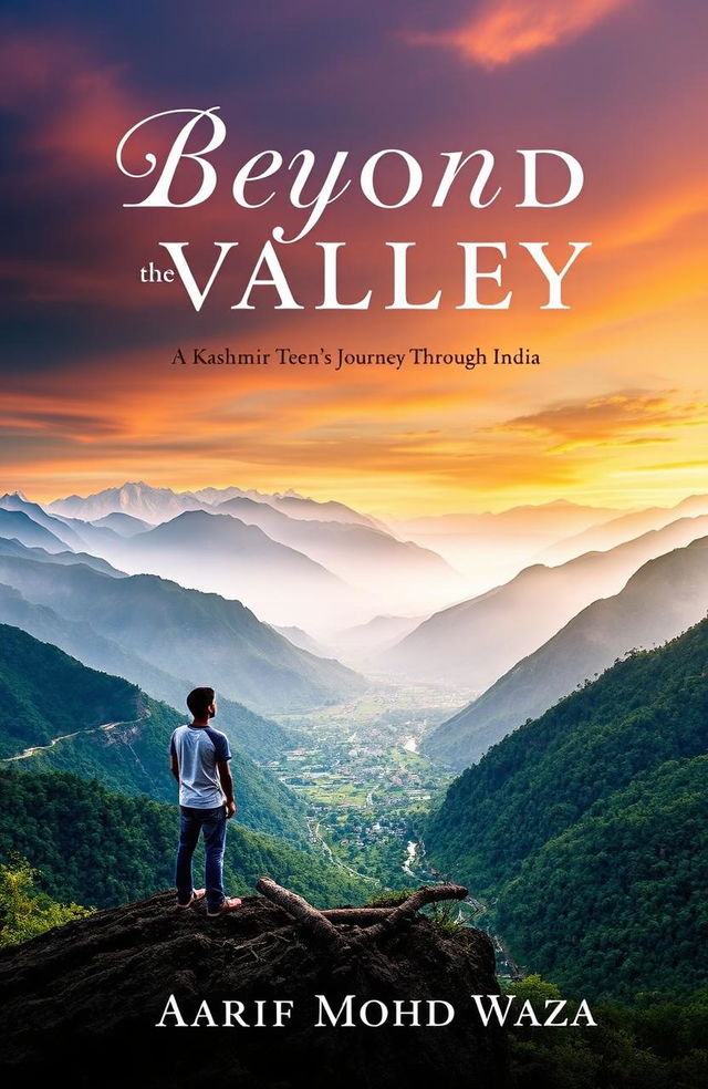 A stunning book cover for 'Beyond the Valley', featuring breathtaking panoramic views of the lush landscapes of Kashmir transitioning into the diverse and vibrant scenes of India