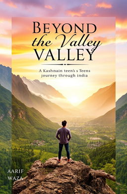 A stunning book cover for 'Beyond the Valley', featuring breathtaking panoramic views of the lush landscapes of Kashmir transitioning into the diverse and vibrant scenes of India