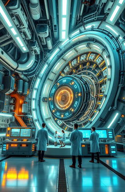 A futuristic particle accelerator with intricate machinery and glowing components, situated in a vast underground facility with high-tech displays and bright LED lights illuminating the scene