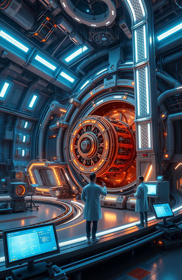 A futuristic particle accelerator with intricate machinery and glowing components, situated in a vast underground facility with high-tech displays and bright LED lights illuminating the scene