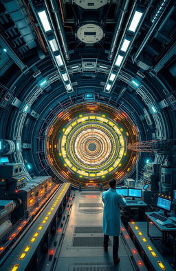 A futuristic particle accelerator with intricate machinery and glowing components, situated in a vast underground facility with high-tech displays and bright LED lights illuminating the scene