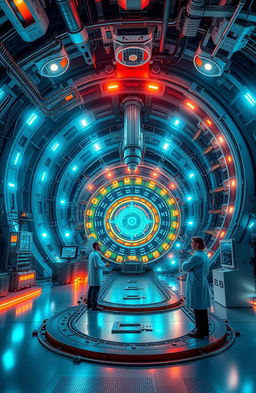 A futuristic particle accelerator with intricate machinery and glowing components, situated in a vast underground facility with high-tech displays and bright LED lights illuminating the scene