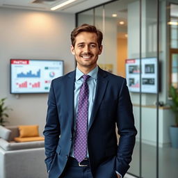 A professional marketing scene featuring a marketing consultant in a modern office environment