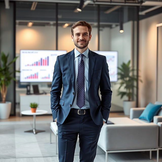 A professional marketing scene featuring a marketing consultant in a modern office environment