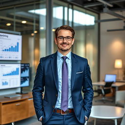 A professional marketing scene featuring a marketing consultant in a modern office environment