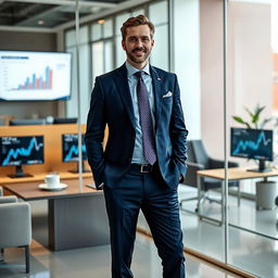 A professional marketing scene featuring a marketing consultant in a modern office environment