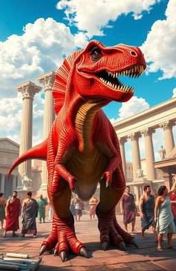 A vibrant scene featuring a red dinosaur set against the backdrop of the Roman era