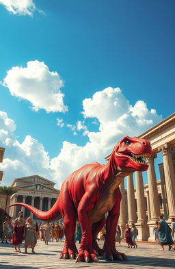 A vibrant scene featuring a red dinosaur set against the backdrop of the Roman era