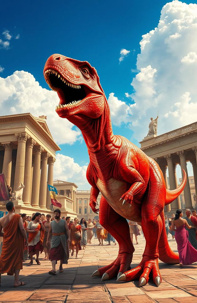 A vibrant scene featuring a red dinosaur set against the backdrop of the Roman era