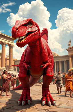 A vibrant scene featuring a red dinosaur set against the backdrop of the Roman era