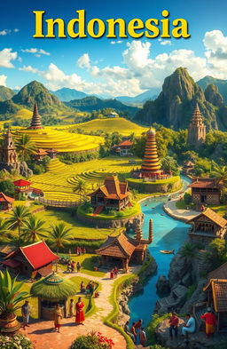A vibrant and culturally rich landscape depicting the diverse geography and culture of Indonesia, showcasing the lush rice terraces of West Java, the traditional Javanese architecture of Central Java, the unique rock formations and beaches of Sulawesi, the dense rainforests of Kalimantan, the historical sites of Aceh, and the stunning natural beauty of West Sumatra