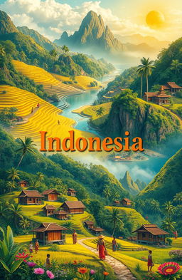 A vibrant and culturally rich landscape depicting the diverse geography and culture of Indonesia, showcasing the lush rice terraces of West Java, the traditional Javanese architecture of Central Java, the unique rock formations and beaches of Sulawesi, the dense rainforests of Kalimantan, the historical sites of Aceh, and the stunning natural beauty of West Sumatra