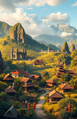 A vibrant and culturally rich landscape depicting the diverse geography and culture of Indonesia, showcasing the lush rice terraces of West Java, the traditional Javanese architecture of Central Java, the unique rock formations and beaches of Sulawesi, the dense rainforests of Kalimantan, the historical sites of Aceh, and the stunning natural beauty of West Sumatra
