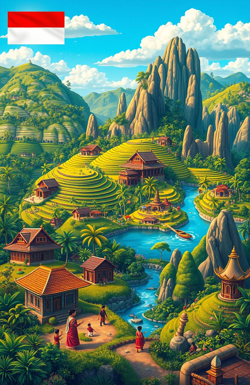 A vibrant and culturally rich landscape depicting the diverse geography and culture of Indonesia, showcasing the lush rice terraces of West Java, the traditional Javanese architecture of Central Java, the unique rock formations and beaches of Sulawesi, the dense rainforests of Kalimantan, the historical sites of Aceh, and the stunning natural beauty of West Sumatra