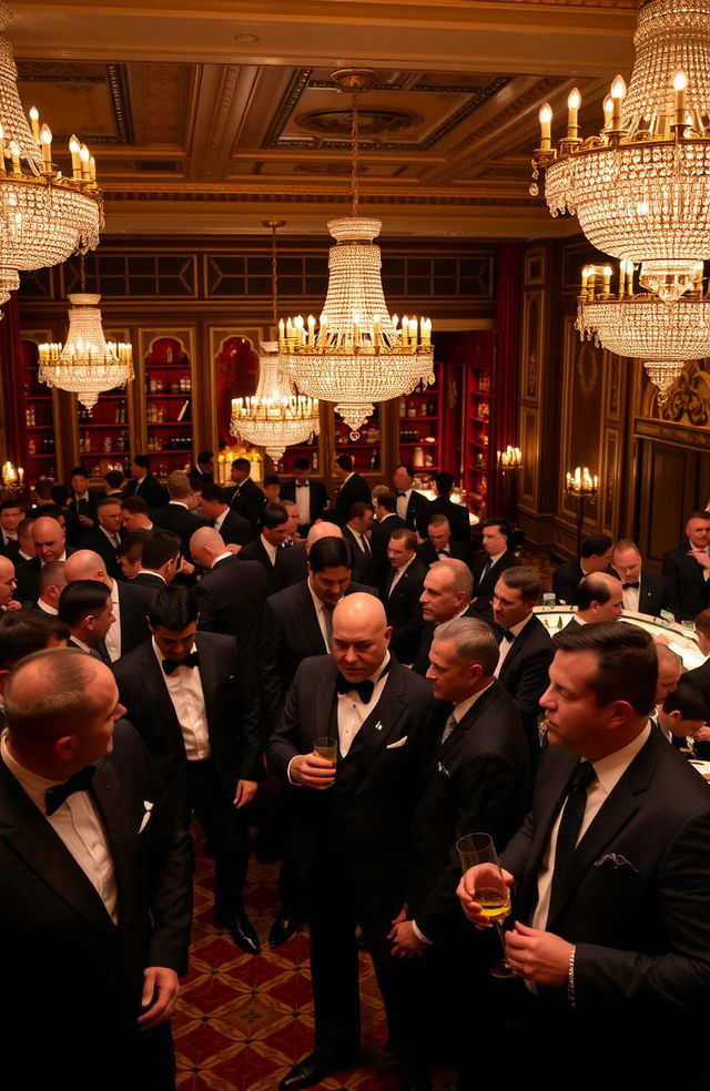 An elegant gathering of distinguished gentlemen in a lavish ballroom