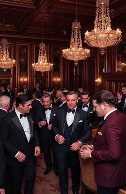 An elegant gathering of distinguished gentlemen in a lavish ballroom