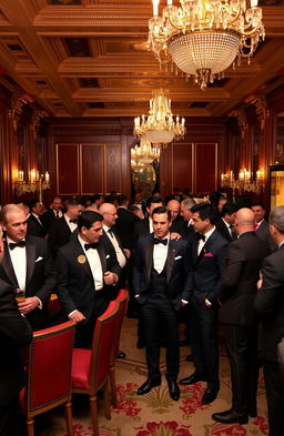 An elegant gathering of distinguished gentlemen in a lavish ballroom