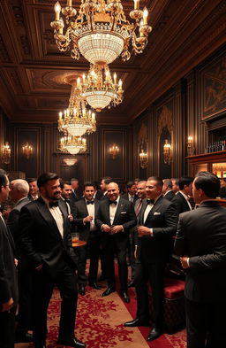 An elegant gathering of distinguished gentlemen in a lavish ballroom