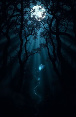 A moody and atmospheric dark scene set in an enchanted forest at night
