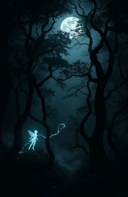 A moody and atmospheric dark scene set in an enchanted forest at night