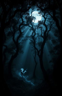 A moody and atmospheric dark scene set in an enchanted forest at night