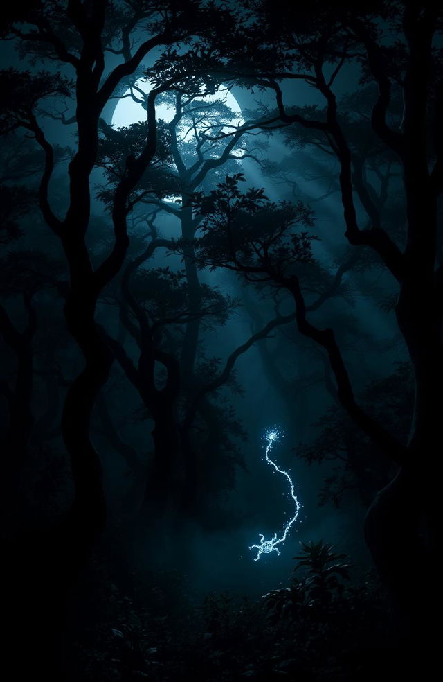 A moody and atmospheric dark scene set in an enchanted forest at night