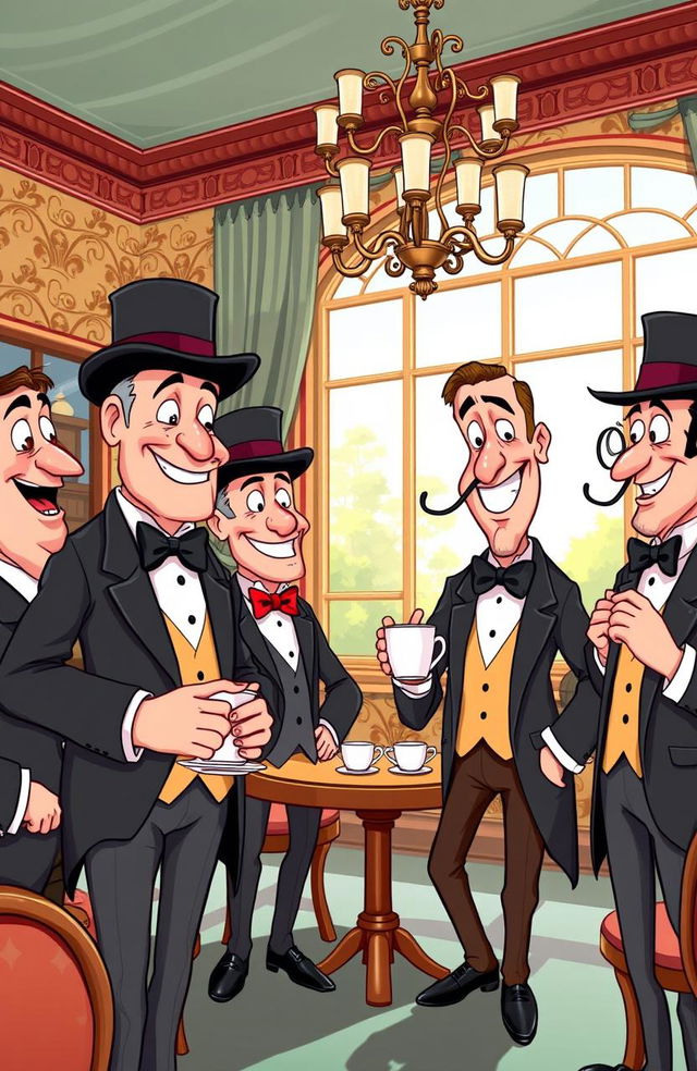 A vibrant and colorful cartoon depicting a group of gentlemen dressed in classic formal attire, including suits, bow ties, and top hats, gathered in an elegant setting such as a vintage tea room