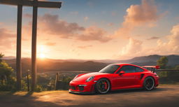 A vibrant red Porsche GT3 in Naruto's Konoha village at sunset.