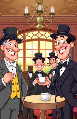 A vibrant and colorful cartoon depicting a group of gentlemen dressed in classic formal attire, including suits, bow ties, and top hats, gathered in an elegant setting such as a vintage tea room