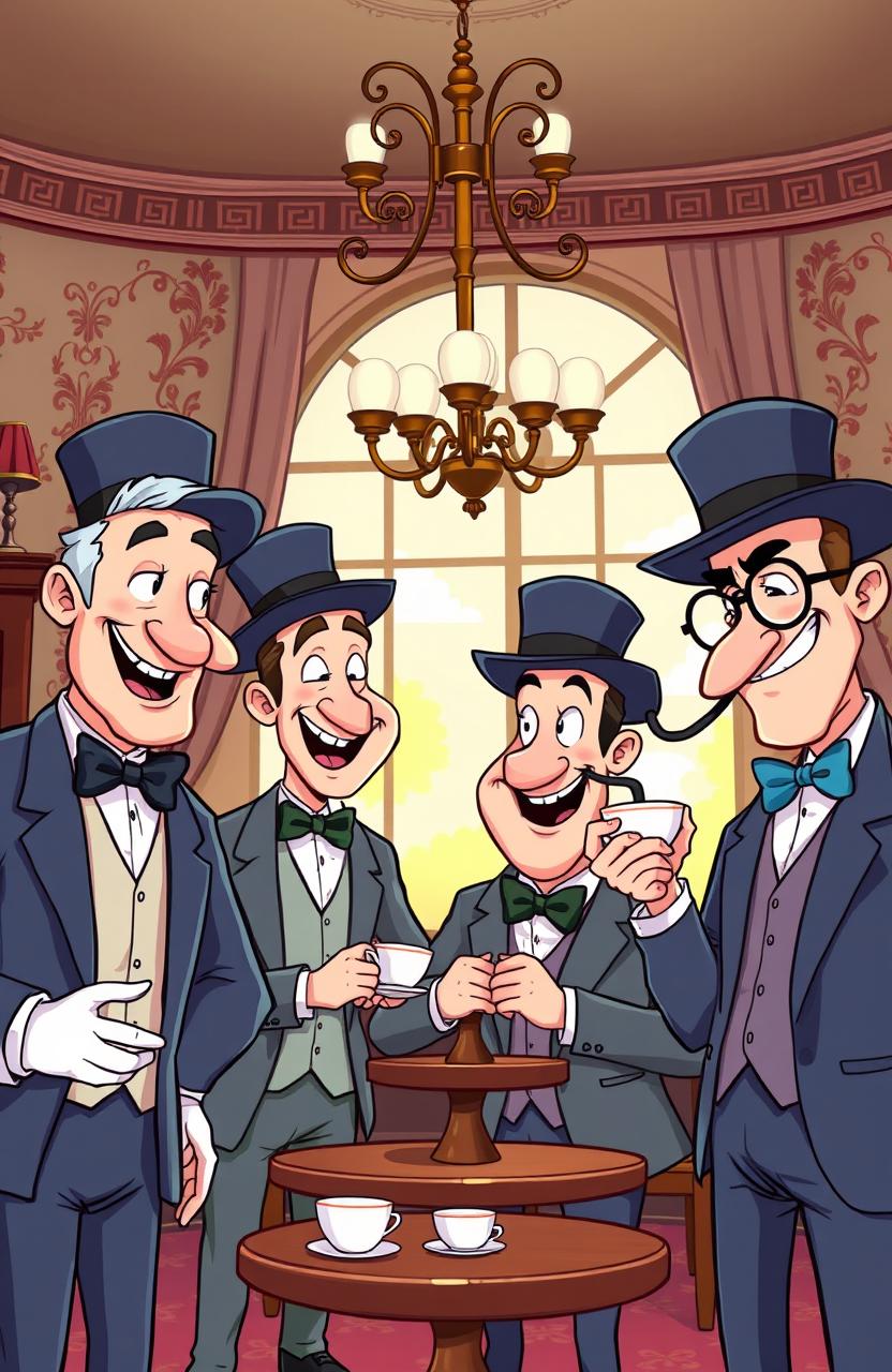 A vibrant and colorful cartoon depicting a group of gentlemen dressed in classic formal attire, including suits, bow ties, and top hats, gathered in an elegant setting such as a vintage tea room