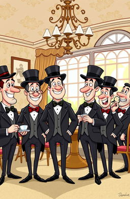 A vibrant and colorful cartoon depicting a group of gentlemen dressed in classic formal attire, including suits, bow ties, and top hats, gathered in an elegant setting such as a vintage tea room