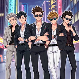 An anime-style illustration featuring a group of stylish gentlemen with distinct personalities, each showcasing unique hairstyles and fashionable outfits that blend modern and classic elements