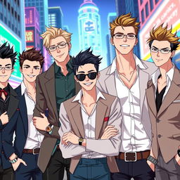 An anime-style illustration featuring a group of stylish gentlemen with distinct personalities, each showcasing unique hairstyles and fashionable outfits that blend modern and classic elements
